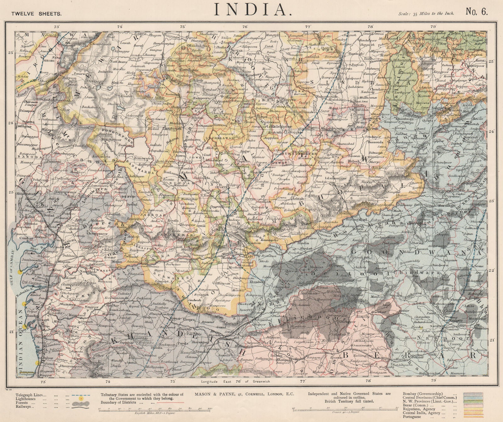 WEST BRITISH INDIA. Malwa Khandeish Berar Goondwana Bhopal. Railways 1889 map